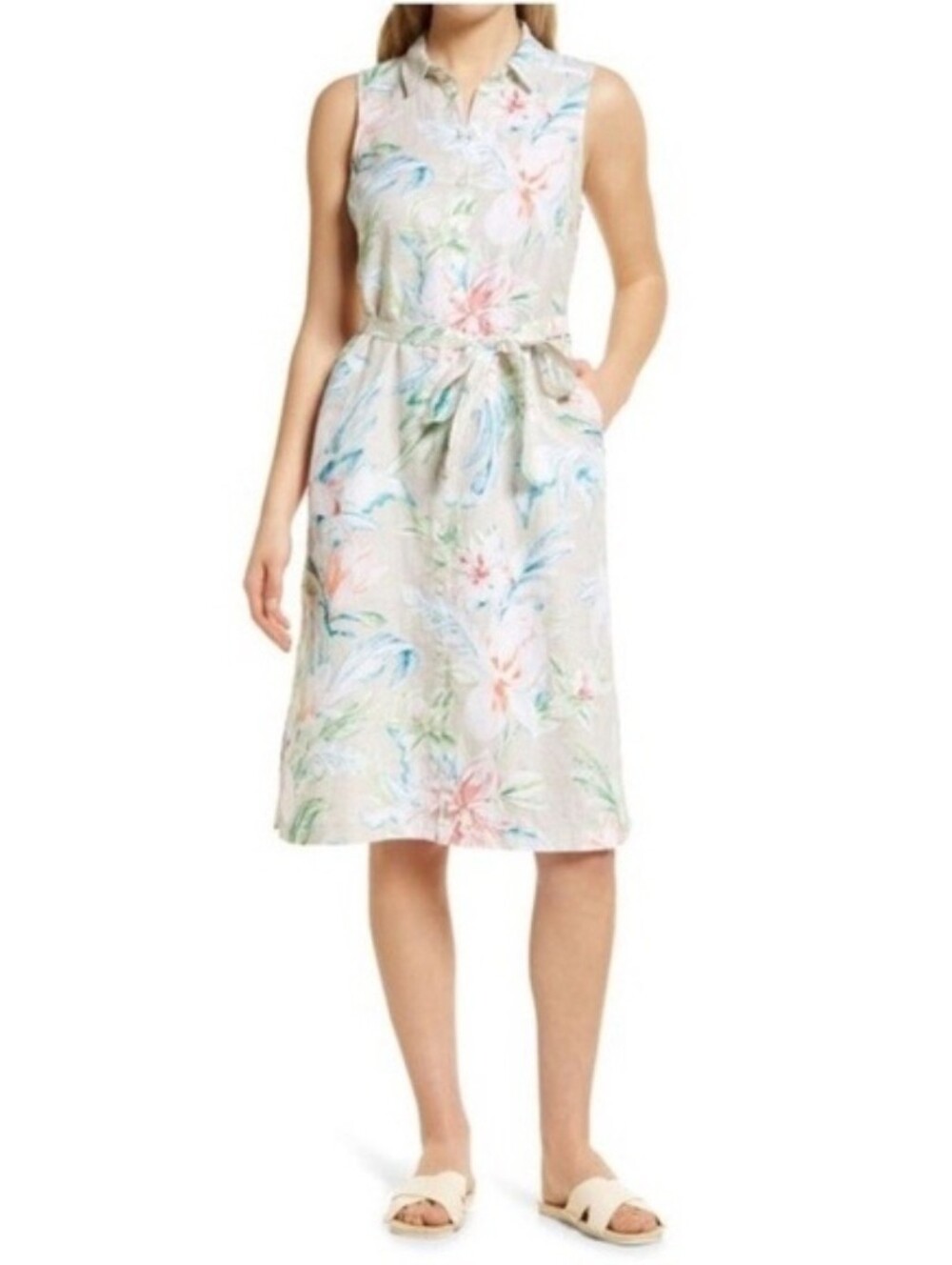 Tommy Bahama May Meadows Sleeveless Linen Shirtdress Beige M